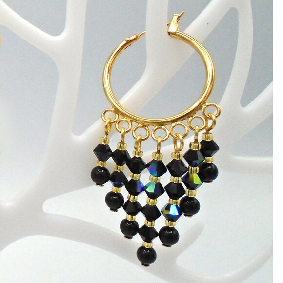 NWT ~ BLACK AUSTRIAN CRYSTALS and Crystal Pearls Hoop Chandelier Earrings - Picture 2 of 2